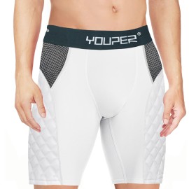Youper Youth Elite Compression Padded Sliding Shorts w/Cup Pocket for Baseball, Football (White, X-Large)