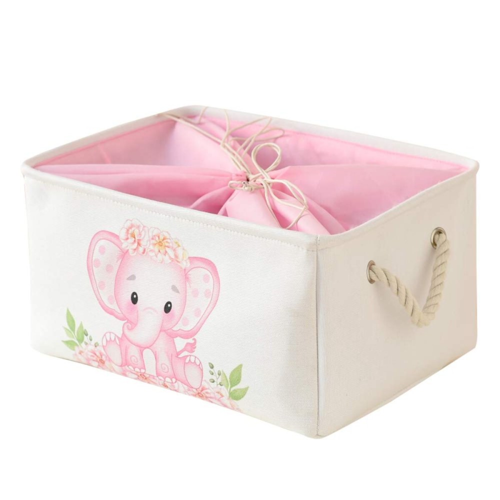 INough Pink Basket Elephant Storage Bins for Kids, Gift Box for Baby,Collapsible Storage Basket for Toys Clothes,Fabric Laundry Baskets for Baby/Kids/Nursery Room (Medium, Pink Elephant)
