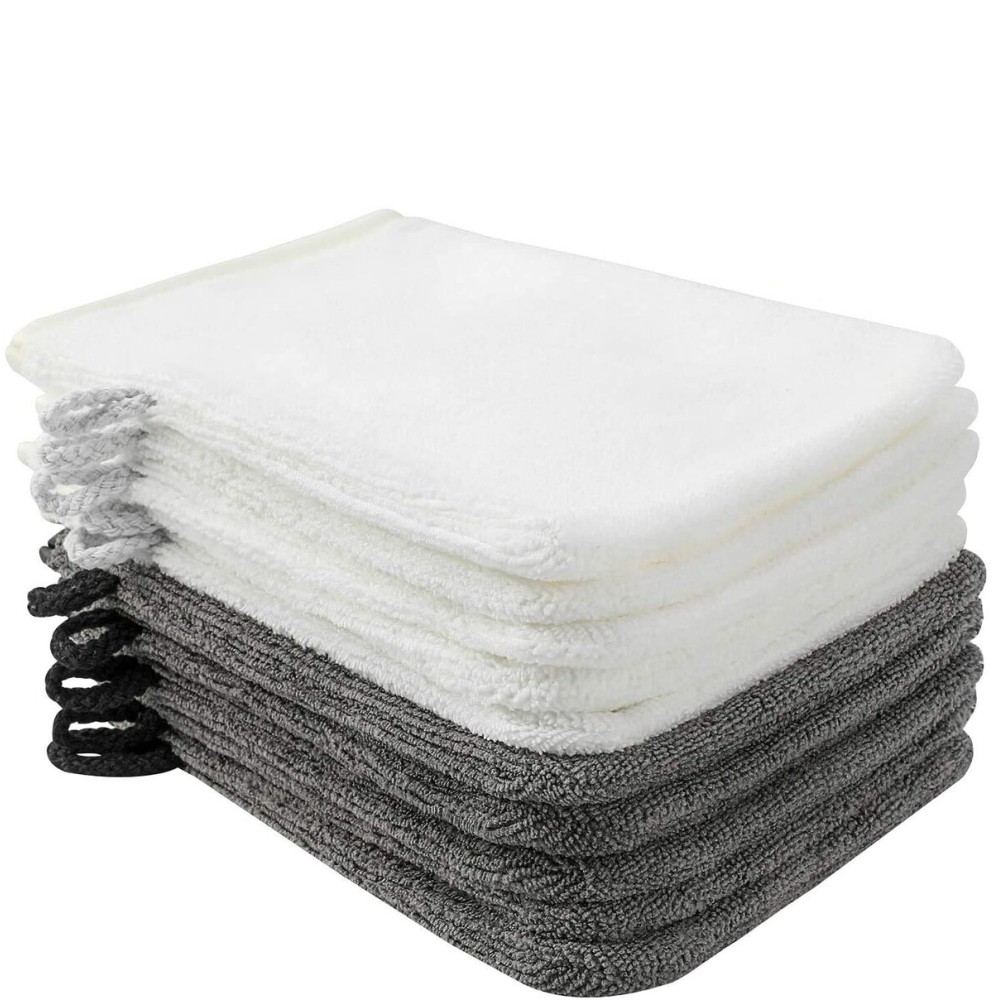 PHOGARY 10 Pack Microfiber Body Wash Mitts, Soft Face Mitten, Bath Spa Cloth, Reusable Makeup Remover Mitt Gloves, European Style Wash Cloth, 68 inch, White and Grey