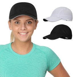 TrailHeads Women\'s Race Day Performance Running Cap, Lightweight & Quick Drying Mesh Sports Hat with Reflective Trim, Adjustable Fit - White-Black 2-pk