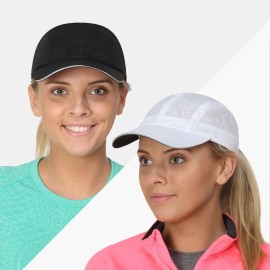 TrailHeads Women\'s Race Day Performance Running Cap, Lightweight & Quick Drying Mesh Sports Hat with Reflective Trim, Adjustable Fit - White-Black 2-pk