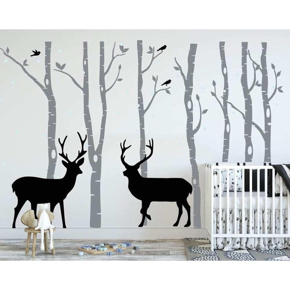 Birch Tree Deer Wall Decal Nursery Forest Removable Birch Trees Vinyl Sticker for Kids Bedroom Decor Nursery Bedroom (Grey)