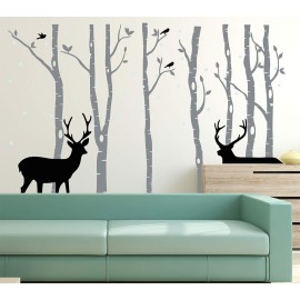 Birch Tree Deer Wall Decal Nursery Forest Removable Birch Trees Vinyl Sticker for Kids Bedroom Decor Nursery Bedroom (Grey)