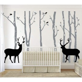 Birch Tree Deer Wall Decal Nursery Forest Removable Birch Trees Vinyl Sticker for Kids Bedroom Decor Nursery Bedroom (Grey)