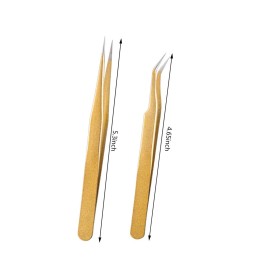 Tvoip 2 Pcs Gold Stainless Steel Tweezers for Eyelash Extensions, Straight and Curved Tip Tweezers Nippers, False Lash Application Tools