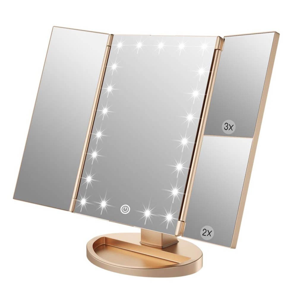 WEILY Makeup Mirror with 21 LED Lights,Two Power Supply Modes, Adjustable Touch Screen and 1x/2x/3x Magnification Tri-Fold Vanity Mirror,Chargeable Travel Cosmetic Mirror for Desktop(Gold)