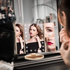 WEILY Makeup Mirror with 21 LED Lights,Two Power Supply Modes, Adjustable Touch Screen and 1x/2x/3x Magnification Tri-Fold Vanity Mirror,Chargeable Travel Cosmetic Mirror for Desktop(Gold)