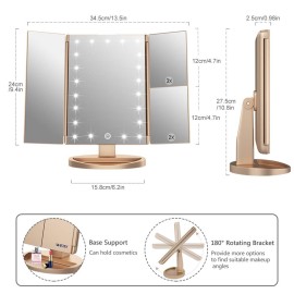 WEILY Makeup Mirror with 21 LED Lights,Two Power Supply Modes, Adjustable Touch Screen and 1x/2x/3x Magnification Tri-Fold Vanity Mirror,Chargeable Travel Cosmetic Mirror for Desktop(Gold)