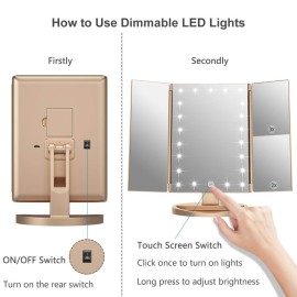 WEILY Makeup Mirror with 21 LED Lights,Two Power Supply Modes, Adjustable Touch Screen and 1x/2x/3x Magnification Tri-Fold Vanity Mirror,Chargeable Travel Cosmetic Mirror for Desktop(Gold)