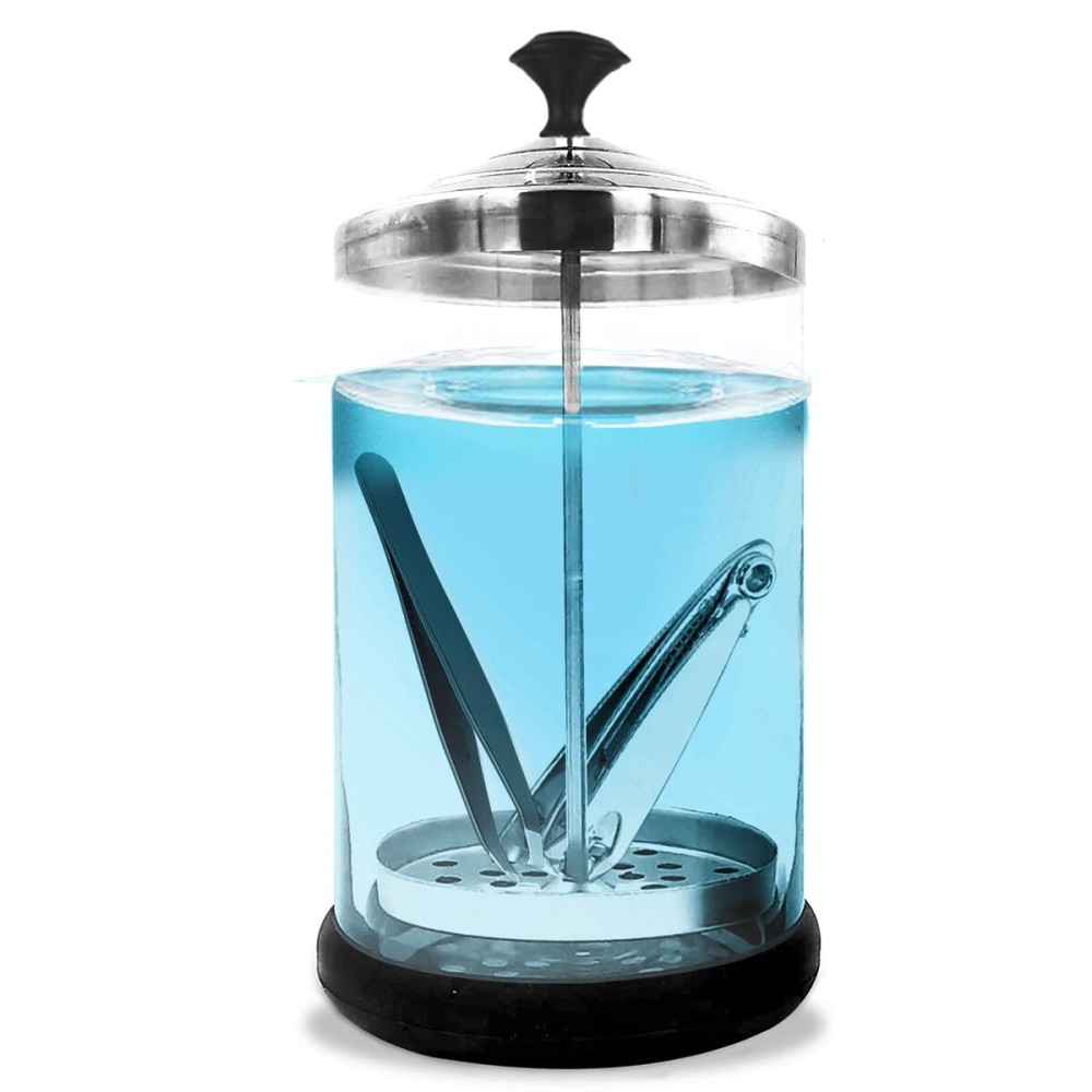 JJ CARE Disinfectant Jar (21 oz) - Barber Disinfectant Jar Glass, Sanitizer Container w/Stainless Steel Removable Strainer & Cap for Manicure, Salon, Spa and Barber Tools - Black Lid