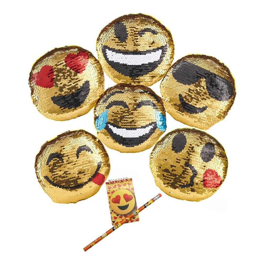 Forest & Twelfth Flip Sequin Round Mini Emoticon Pillows, 5-5.5 Inches, Set of 6 Emotive Expressions Designs, Reversible Mermaid Sequins, Plus Pencil and Memo Notebook, Great Gift!