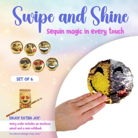 Forest & Twelfth Flip Sequin Round Mini Emoticon Pillows, 5-5.5 Inches, Set of 6 Emotive Expressions Designs, Reversible Mermaid Sequins, Plus Pencil and Memo Notebook, Great Gift!