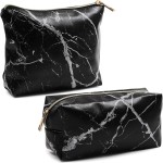 Glamlily Black Marble Printed Cosmetic Travel Pouch Set for Makeup Supplies (2 Pack)