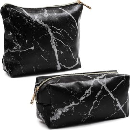 Glamlily Black Marble Printed Cosmetic Travel Pouch Set for Makeup Supplies (2 Pack)