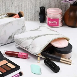 Glamlily Set of 2 White Marble Makeup Organizer Bag, Cosmetic Storage Pouch, Travel Toiletry Case