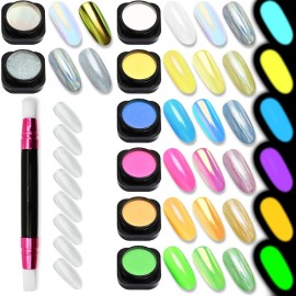 Nail Powder WENIDA 8 Jar Unicorn Iridescent Pearl Shell Holographic Chrome Mirror Laser Glow Synthetic Resin Pigment Manicure Decoration with 8 False Nails and Silicone Brush