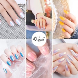 Nail Powder WENIDA 8 Jar Unicorn Iridescent Pearl Shell Holographic Chrome Mirror Laser Glow Synthetic Resin Pigment Manicure Decoration with 8 False Nails and Silicone Brush