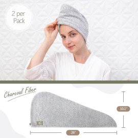 myHomeBody Hair Towel Wrap, Luxury Quick Drying Turban, Ultra Soft Absorbent Charcoal Fiber Cap, with Coconut Shell Button - 2 Pack