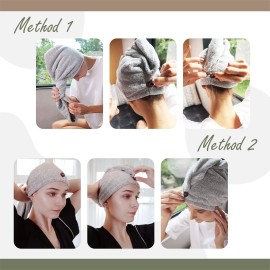 myHomeBody Hair Towel Wrap, Luxury Quick Drying Turban, Ultra Soft Absorbent Charcoal Fiber Cap, with Coconut Shell Button - 2 Pack