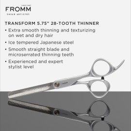 Fromm Transform 5.75 28 Tooth Thinning Shears for Haircutting Wet and Dry Hair, Polished Silver Japanese Steel Scissors with Beveled Blades and Microserrated Thinning Teeth