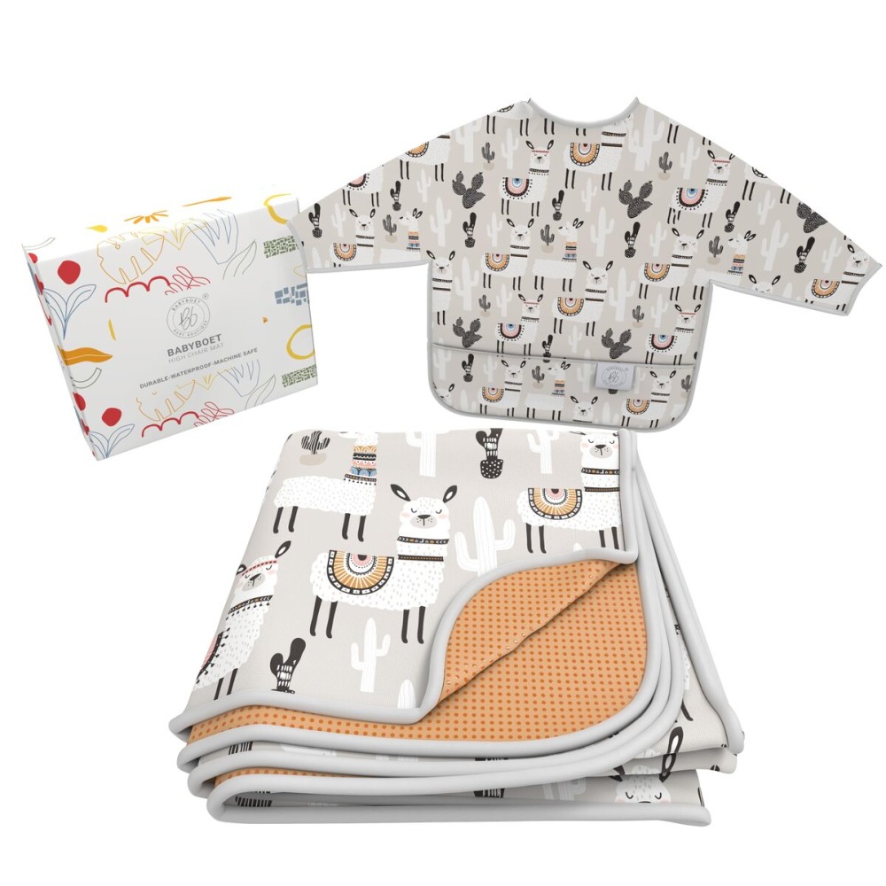 BABYBOET Splat Mat for Baby - Under High Chair Floor Mat Protects Wood, Vinyl and Carpet from Spills - Waterproof 4 Layer Baby Mat Bundle with Waterproof Matching Smock (51 x 51)