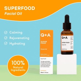 Q+A Super Food Facial Oil. A complexion enhancing face oil packed with 100% natural ingredients. 30ml/1fl.oz