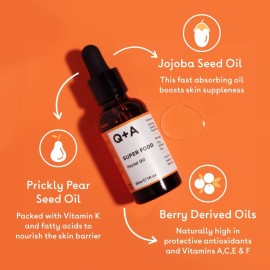 Q+A Super Food Facial Oil. A complexion enhancing face oil packed with 100% natural ingredients. 30ml/1fl.oz