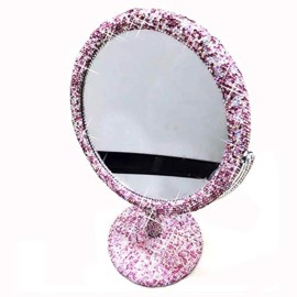 Bestbling Bling Rhinestone Portable Magnified Double Sided Swivel Makeup Vanity Mirror, 360Rotate Makeup Mirror Round Shaped Two-Sided Makeup Mirror (Pink)