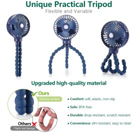 snawowo Mini Handheld Personal Portable Fan, Baby Stroller Fan, Car Seat USB or Battery Powered, with Flexible Tripod Clip on Student Bed Desk Bike Crib Treadmill Camping Traveling(Navy Blue)