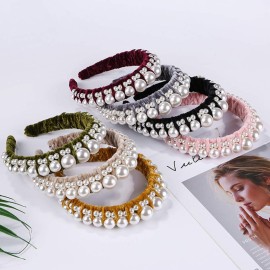 Vpang Velvet Braided Pearl Padded Headband Velvet Headband Elegant Big Pearl Headband Vintage Hairband Headpiece Hair Hoop Headwear Headdress Hair Accessories for Women Girls (Black)