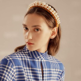 Vpang Velvet Braided Pearl Padded Headband Velvet Headband Elegant Big Pearl Headband Vintage Hairband Headpiece Hair Hoop Headwear Headdress Hair Accessories for Women Girls (Black)