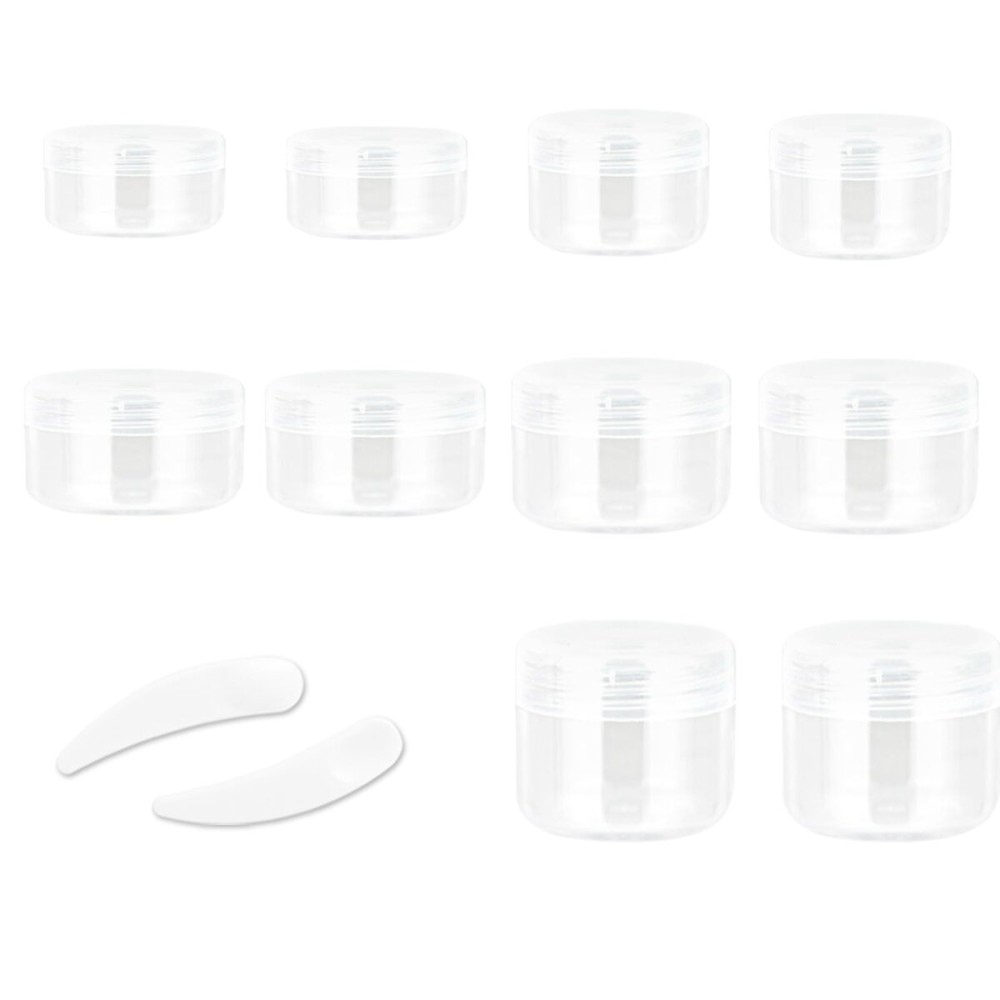 ZEJIA 10pcs Small Travel Containers, Clear Sample Containers with Screw Lids, 5 Size 3/5/10/15/20 Gram Sample Jars with 12pcs Labels and 2pcs Mini Disposable Spatula, Makeup Sample Containers BPA Free