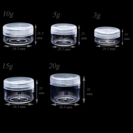 ZEJIA 10pcs Small Travel Containers, Clear Sample Containers with Screw Lids, 5 Size 3/5/10/15/20 Gram Sample Jars with 12pcs Labels and 2pcs Mini Disposable Spatula, Makeup Sample Containers BPA Free