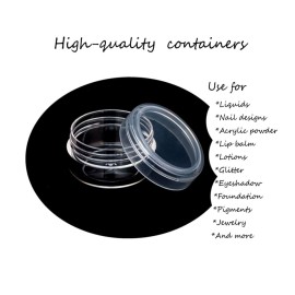 ZEJIA 10pcs Small Travel Containers, Clear Sample Containers with Screw Lids, 5 Size 3/5/10/15/20 Gram Sample Jars with 12pcs Labels and 2pcs Mini Disposable Spatula, Makeup Sample Containers BPA Free
