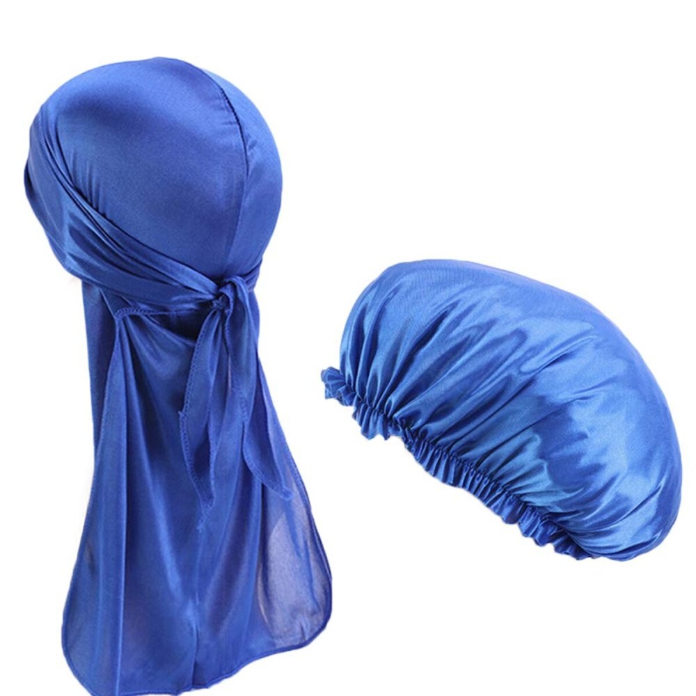 2pcs/Set Durag and Bonnet Long Tail Satin Doo rag Elastic Turban Sleep Cap Solid Color