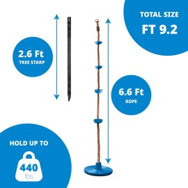 Jungle Gym Kingdom Tree Swing for Kids - Single Disc Seat and Rainbow Climbing Rope Set w/Carabiner and 2.6 Foot Strap - Treehouse and Outdoor Playground Accessories - Blue