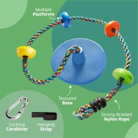 Jungle Gym Kingdom Tree Swing for Kids - Single Disc Seat and Rainbow Climbing Rope Set w/Carabiner and 2.6 Foot Strap - Treehouse and Outdoor Playground Accessories - Blue