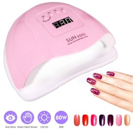 UV Gel Nail Lamp, 80W LED UV Light for Gel Polish - 4 Timers Professional Art Accessories, Curing Toe Nails, Pink