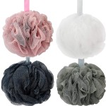 DadyMart Bath Shower Loofah Sponge 60g Bath Mesh Pouf Shower Ball Body Scrubber Exfoliating Bath Sponge for Women and Men, Set of 4, Drak Grey-Pink-Grey-White