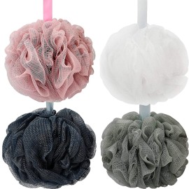DadyMart Bath Shower Loofah Sponge 60g Bath Mesh Pouf Shower Ball Body Scrubber Exfoliating Bath Sponge for Women and Men, Set of 4, Drak Grey-Pink-Grey-White