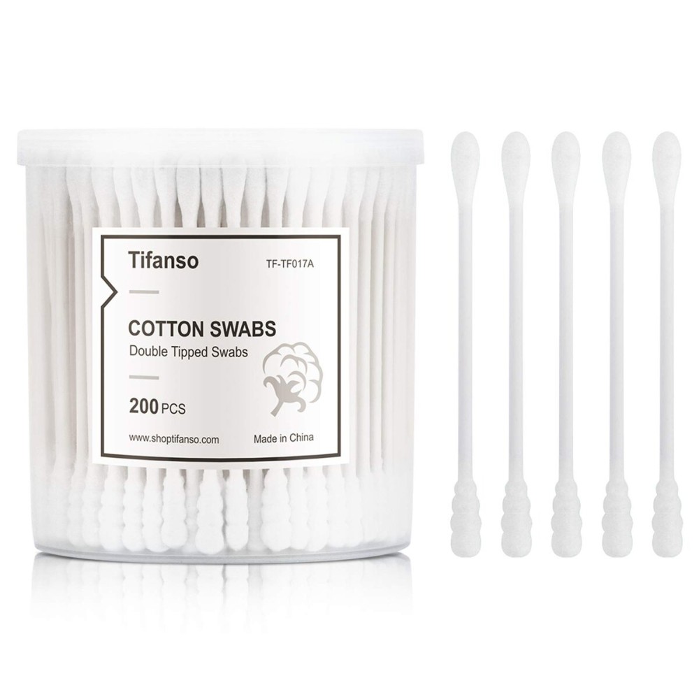tifanso 200 Count Cotton Swabs, Natural Double Tipped Cotton Buds, Cruelty-Free Ear Swabs, Chlorine-Free Hypoallergenic(White)