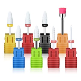 8 Pcs Ceramic Nail Drill Bits Set with Holder for Electric Nail File Manicure Pedicure Acrylic Gel Polishing - 5 Sizes 3/32\'\' (2.35mm) Corn Head + Flame Top, Cuticle Bits, Cleaning Brush
