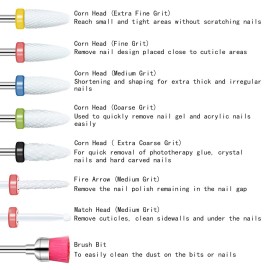 8 Pcs Ceramic Nail Drill Bits Set with Holder for Electric Nail File Manicure Pedicure Acrylic Gel Polishing - 5 Sizes 3/32\'\' (2.35mm) Corn Head + Flame Top, Cuticle Bits, Cleaning Brush 8 Pcs Ceramic Nail Drill Bits Set with Holder for Electric Nail File Manicure Pedicure Acrylic Gel Polishing - 5 Sizes 3/32\'\' (2.35mm) Corn Head + Flame Top, Cuticle Bits, Cleaning Brush