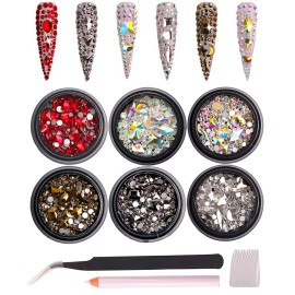 6 Pack Mixed Nail Art Rhinestone Nail Art Decorations Accessories Flat Base Nail Jewelry Glass Rhinestone Crystal Best for Manicure DIY Mobile Phone Shell Jewelry Makeup 3D Decoration