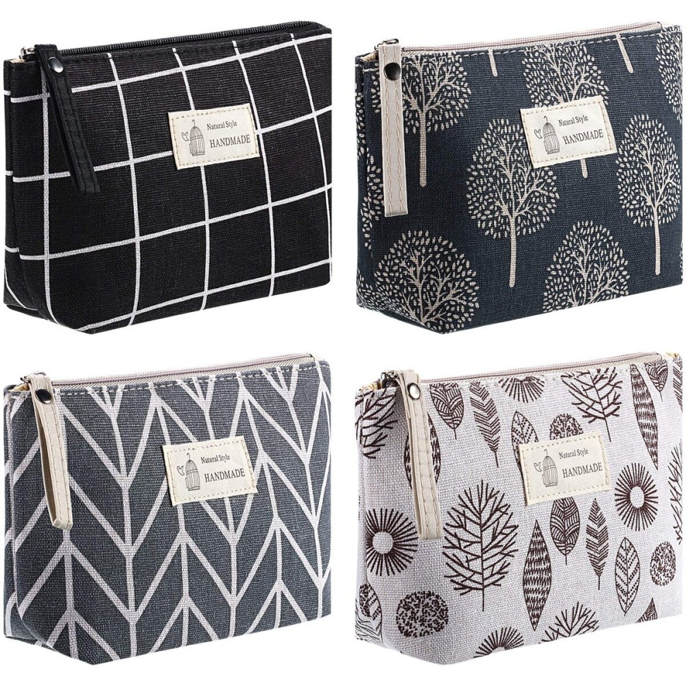 4 Pieces Canvas Cosmetic Bags Set Printed Makeup Bags with Zipper Multi-Functional Travel Pouch for Women Girls Vacation Travel Toiletry Bag, 4 Styles (Arrow, Plaid, Tree, Leave, Small)