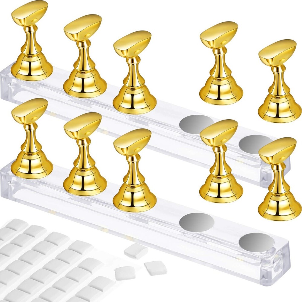 2 Set Acrylic Nail Art Practice Stands - Magnetic Nail Tip Holders & Display Stands (Gold) with 96 Pieces White Reusable Adhesive Putty