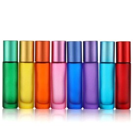 10ml 8 Colour Frosted Glass Roll On Bottles,Empty Portable Essential Oil Glass Roller Bottle With Stainless Steel Roller Balls Perfume Roll-On Bottle with Lids-8 Pack