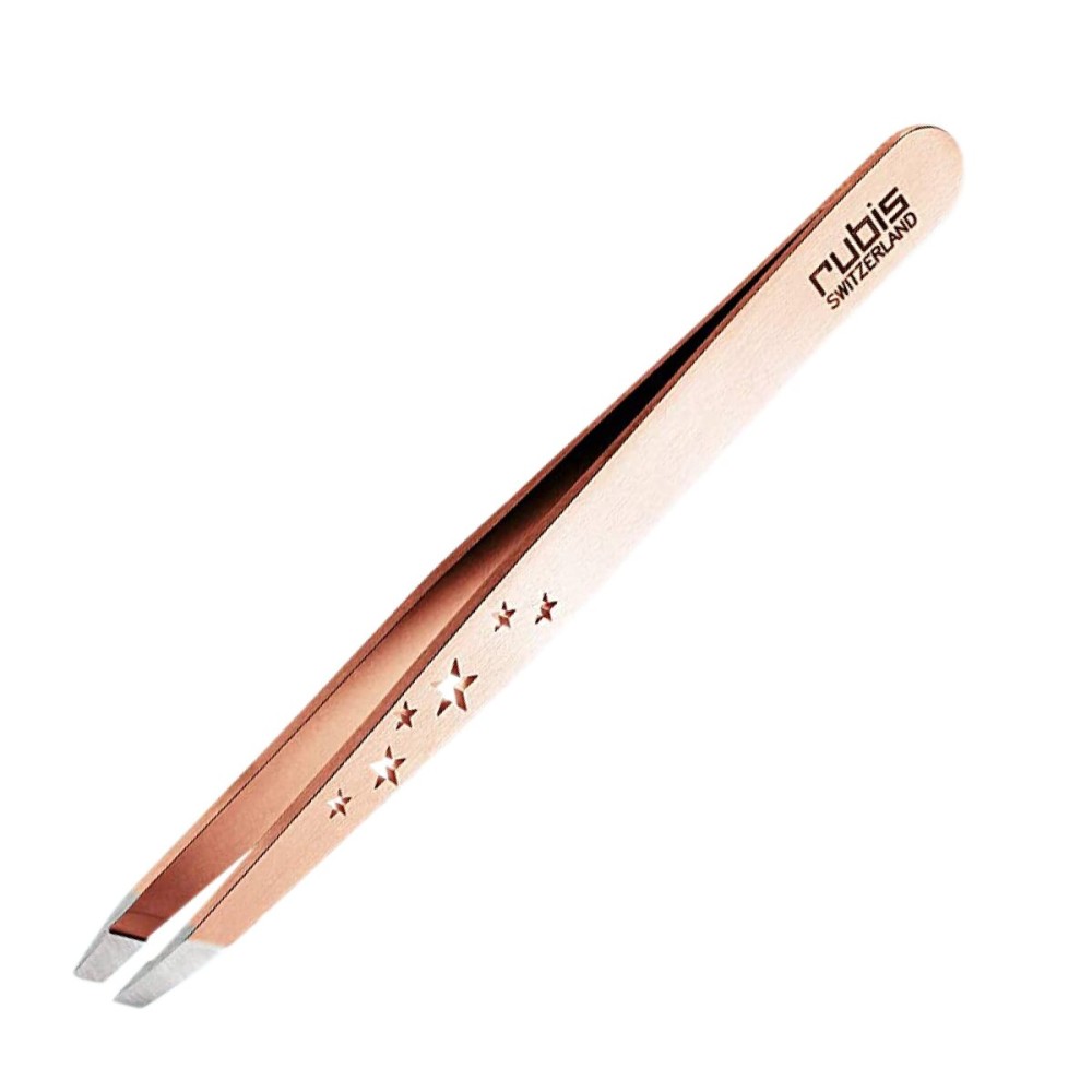 Rubis Classic 6-Star Stainless Steel Slanted Tweezers for Precise Eyebrows and Hair Removal, 1K103CTRED, Red Gold, The Gold Collection,Rubis Switzerland Swiss Made World Renowned Precision