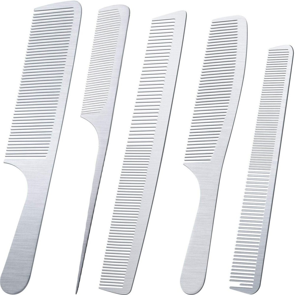 5 Pieces Metal Hair Combs Set for Men Women Silver Stainless Steel Cutting Hairdressing Rat Tail Combs Teasing Pintail Barber Hair Styling Grooming Detangler Stylist