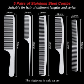 5 Pieces Metal Hair Combs Set for Men Women Silver Stainless Steel Cutting Hairdressing Rat Tail Combs Teasing Pintail Barber Hair Styling Grooming Detangler Stylist